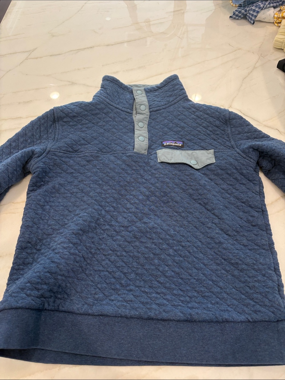 Patagonia Quilted Snap Pullover in Slate Blue with Light Blue Accents